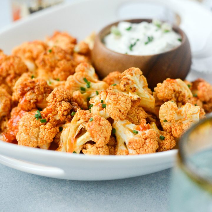 Air Fryer Buffalo Cauliflower Bites With Garlic Blue Cheese Dip Simply Scratch