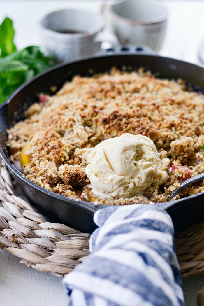 Skillet Peach Rhubarb Crisp l SimplyScratch.com #skillet #peach #rhubarb #crisp #dessert #summer #easy #recipe 