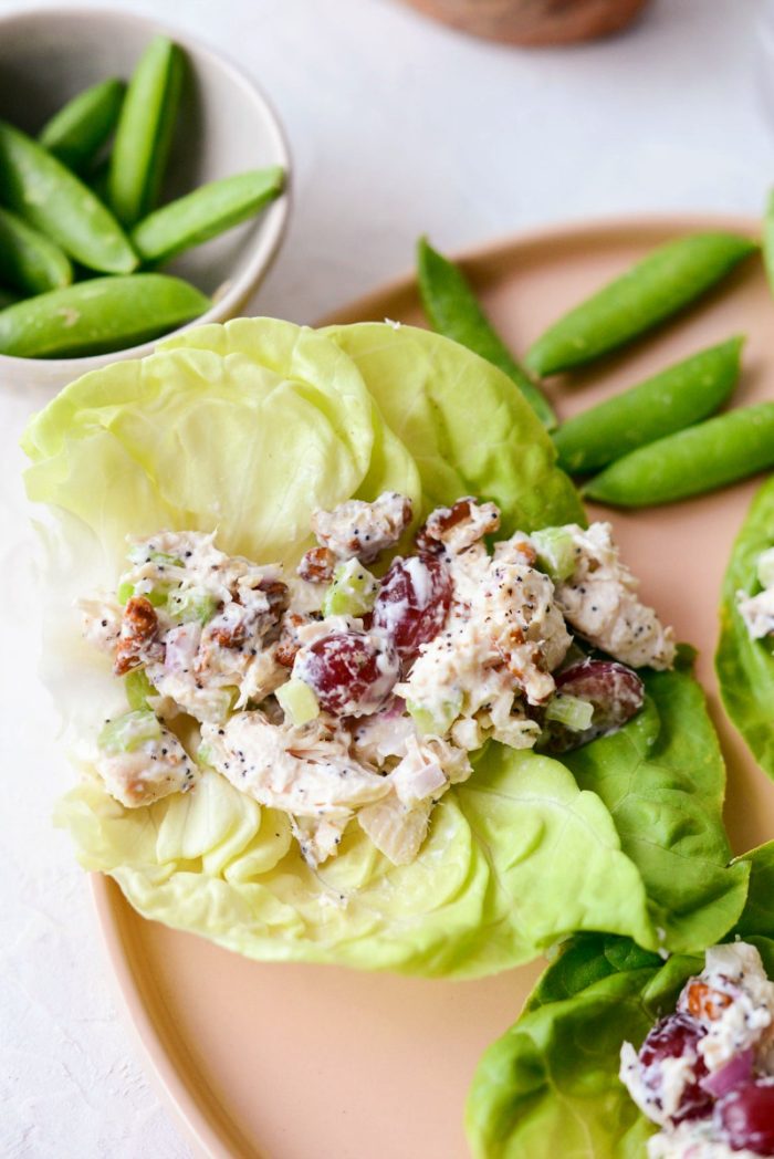 close up of Greek yogurt chicken salad in boston lettuce.