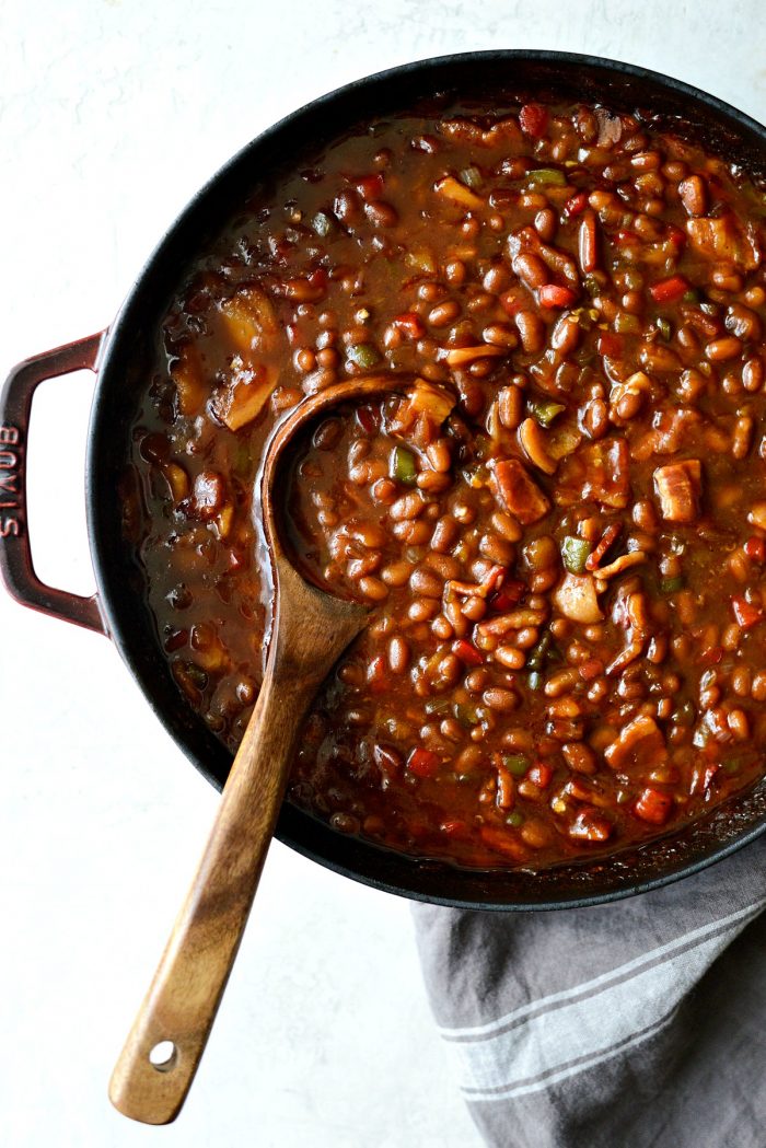 one pot wicked baked beans in red pot