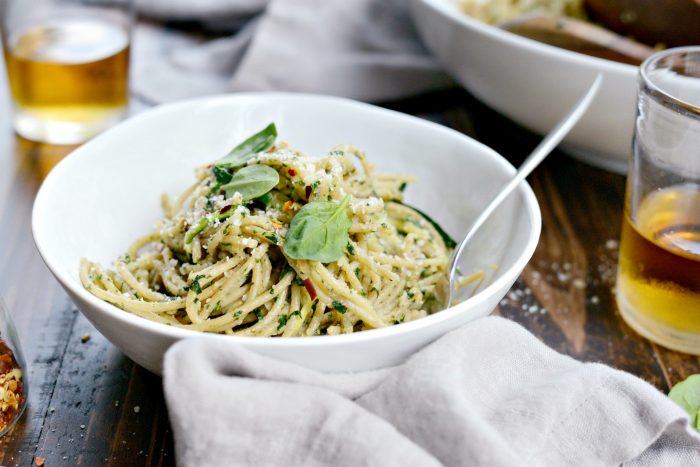 Whole Wheat Spaghetti With Zucchini Spinach Almond Pesto Sauce Simply Scratch