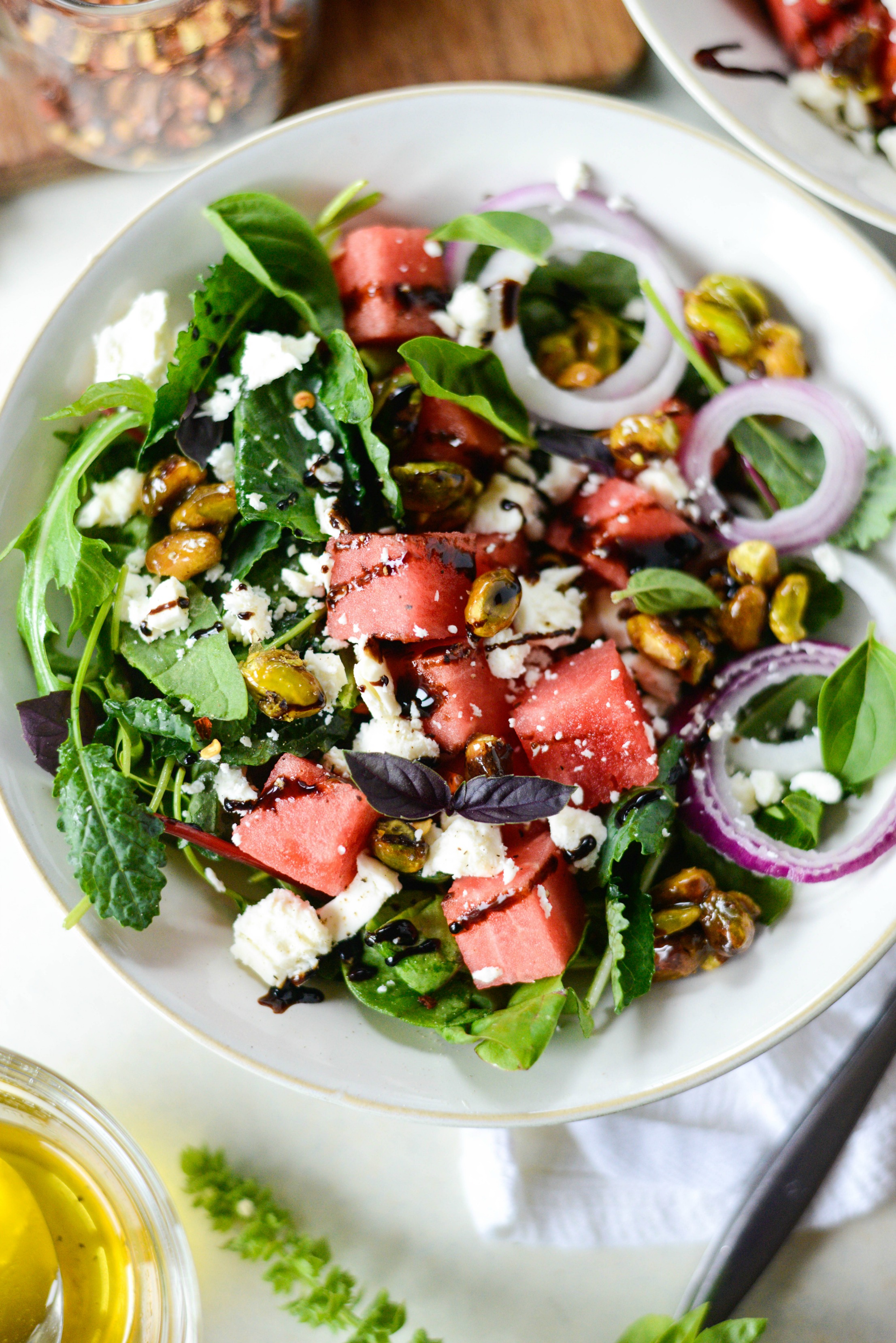 Watermelon Feta Salad with Honey-Candied Pistachios - Simply Scratch