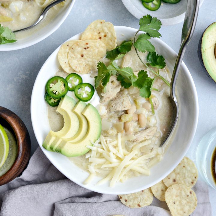 One Pot Lighter White Chicken Chili - Simply Scratch