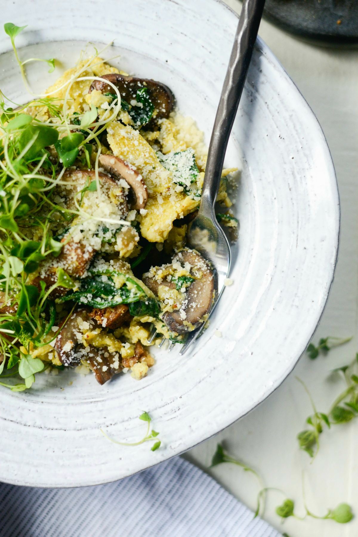 forkful of Healthy Spinach and Mushroom Scramble 