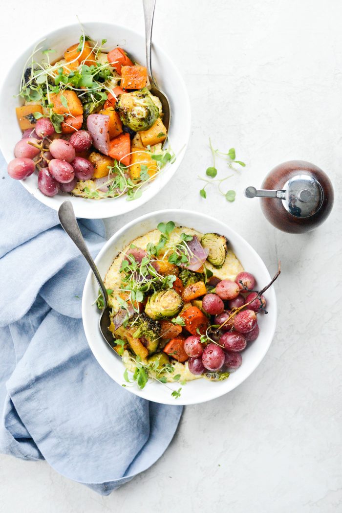 Roasted Honey Balsamic Fall Medley over Goat Cheese Polenta 