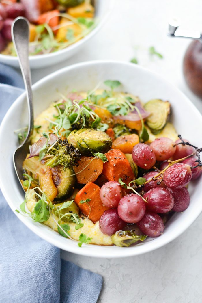 Roasted Honey Balsamic Fall Medley over Goat Cheese Polenta