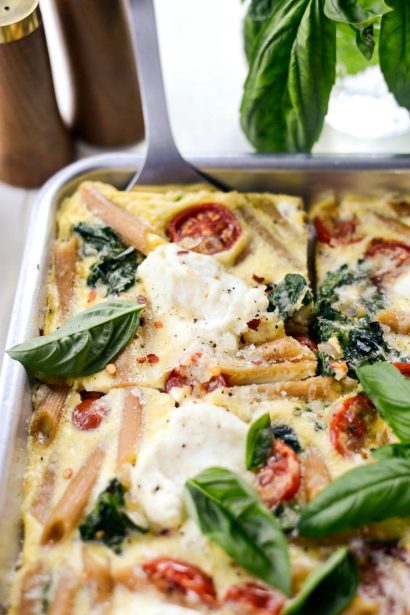 Sheet Pan Spinach Tomato Ricotta Pasta Frittata - Simply Scratch