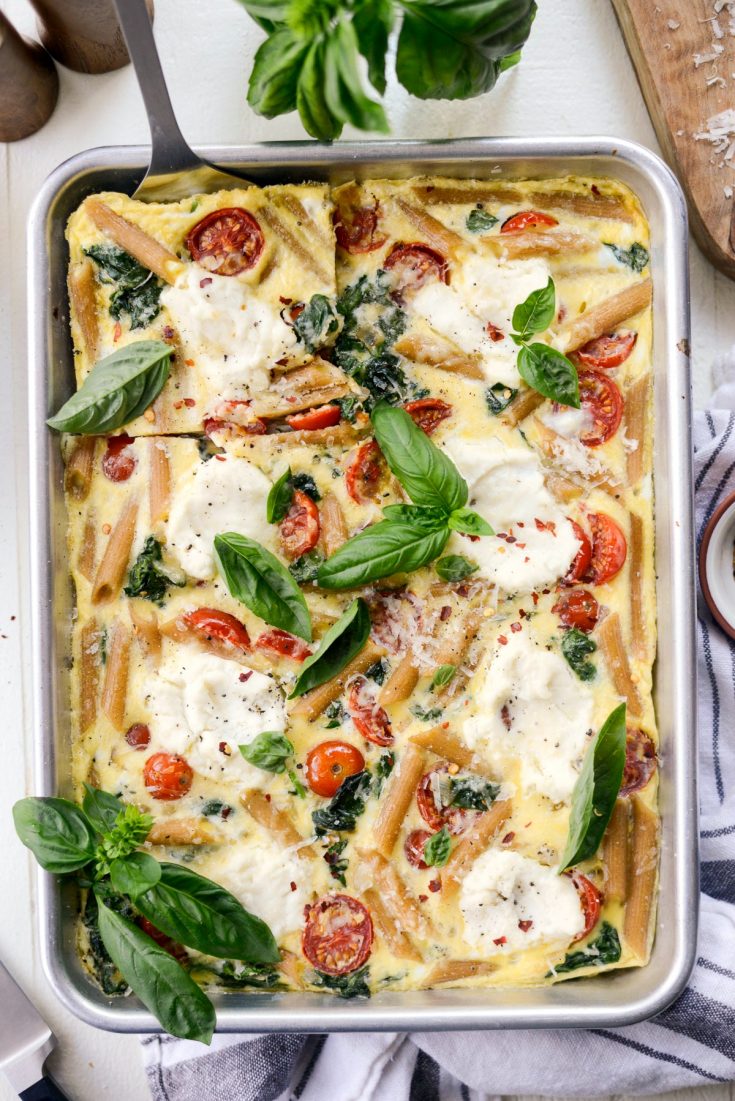 Sheet Pan Spinach Tomato Ricotta Pasta Frittata - Simply Scratch