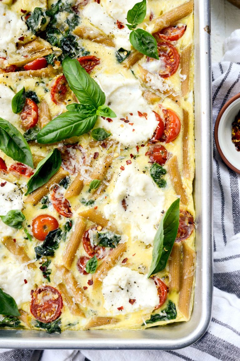 Sheet Pan Spinach Tomato Ricotta Pasta Frittata - Simply Scratch