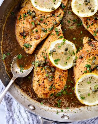 Lighter Chicken Piccata l SimplyScratch.com #healthy #lighter #chicken #piccata #easy #skillet #lemon #caper #sauce #fromscratch