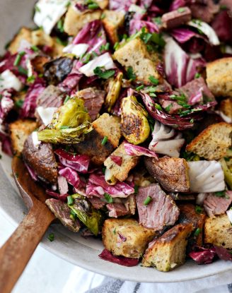 Corned Beef and Rye Panzanella l SimplyScratch.com #leftover #cornedbeef #ryebread #panzanella #brusselssprouts #salad #breadsalad #radicchio