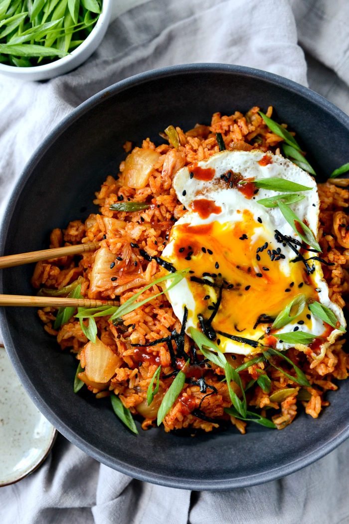 kimchi fried rice with chopsticks and fried egg