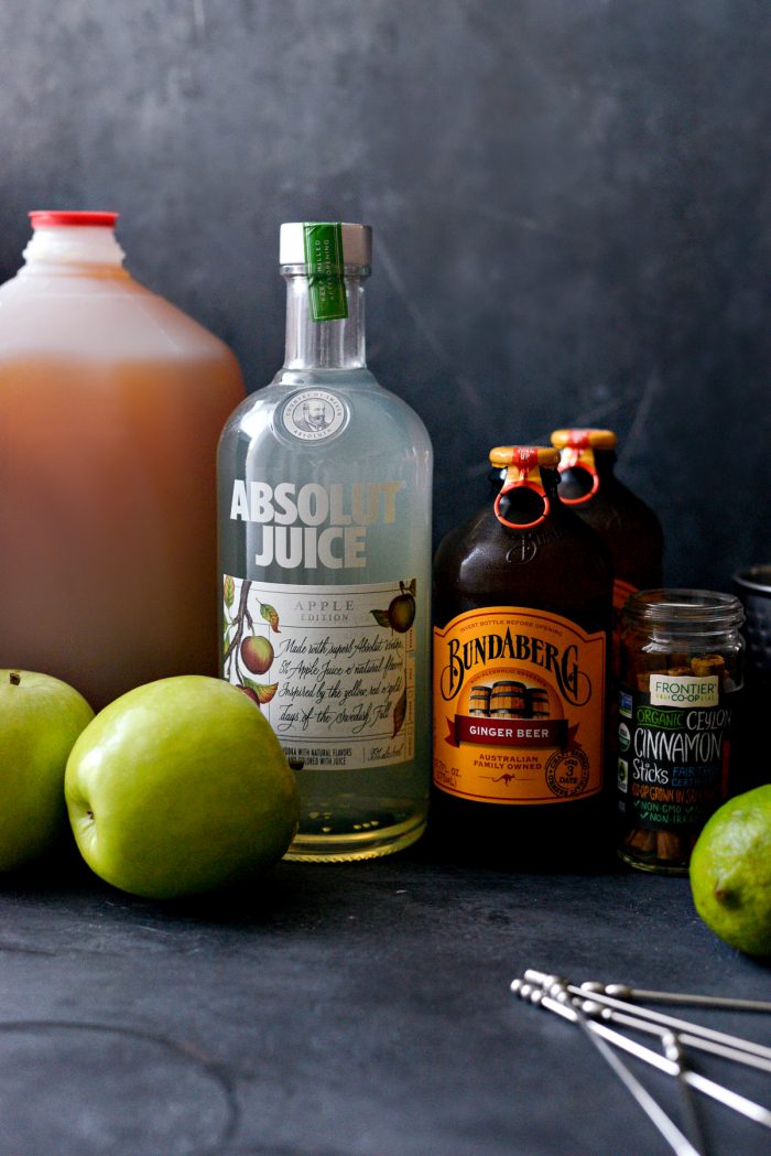 Apple Cider Moscow Mules ingredients lined up.