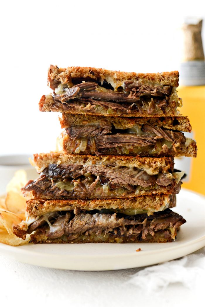 tower of Leftover Pot Roast Cheddar Grilled Cheese Sandwich