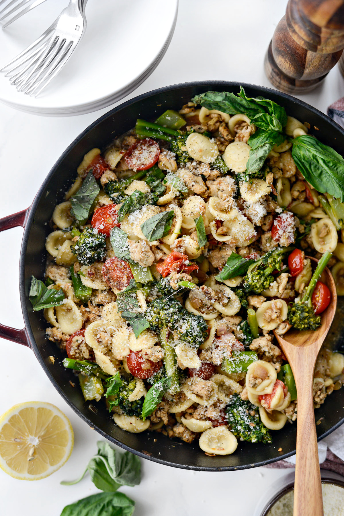 One Pan Lemony Orecchiette with Sausage and Broccolini - Simply Scratch