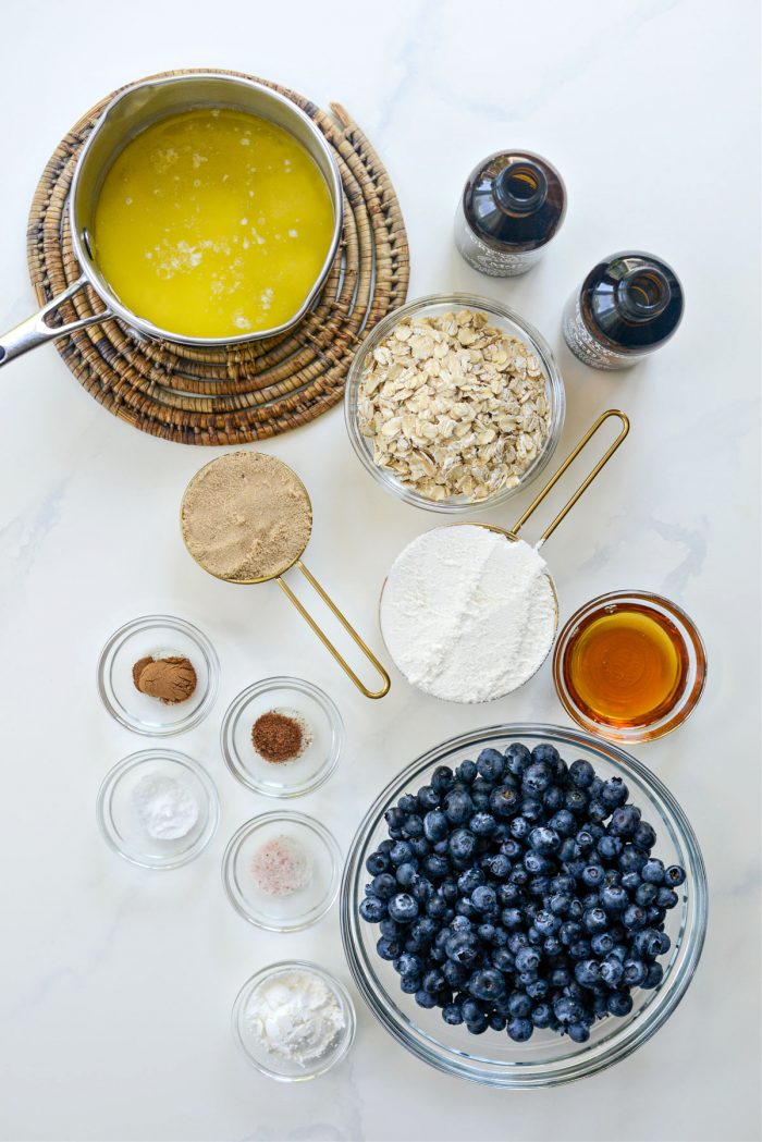 Ingredients for Blueberry Oatmeal Crumble Pie Bars