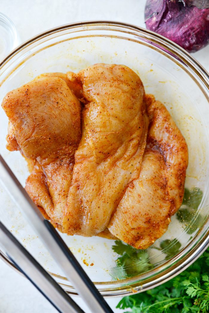 thin-cut chicken breasts tossed in spice mixture.