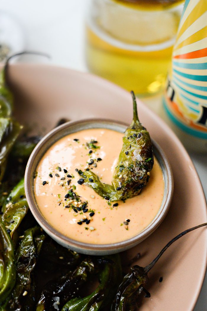 Shishito peppers with furikake bubbles