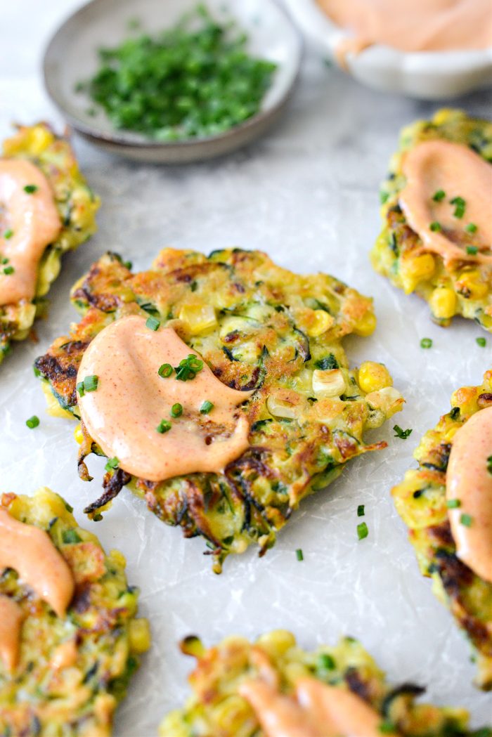 Zucchini Corn Fritters with Yum Yum Sauce and chives