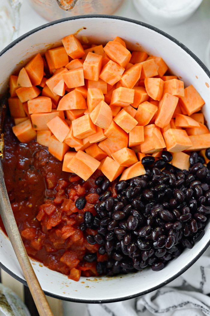 add tomatoes, sweet potatoes and black beans to pot