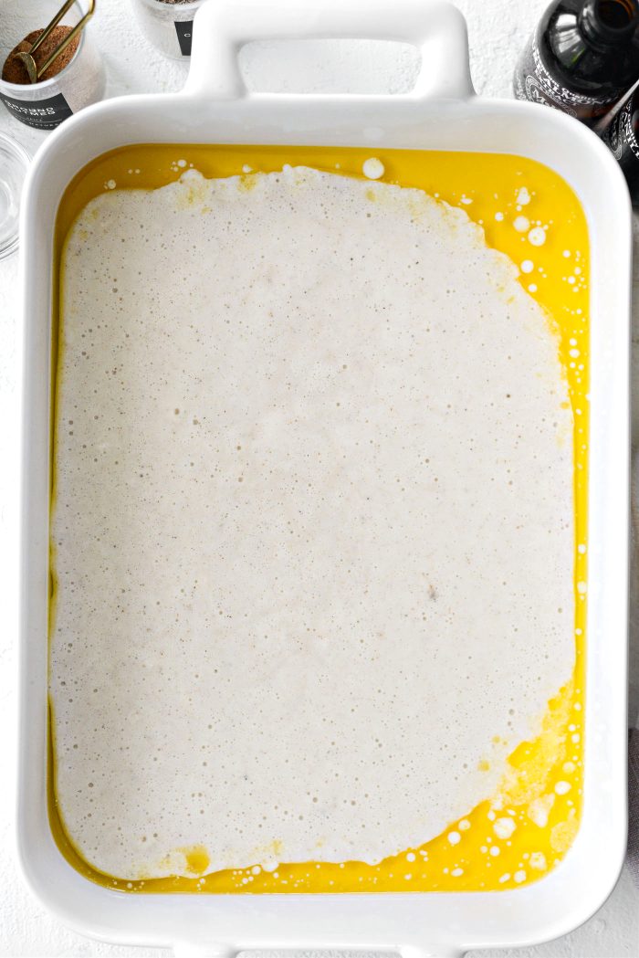 pour batter into pan with butter