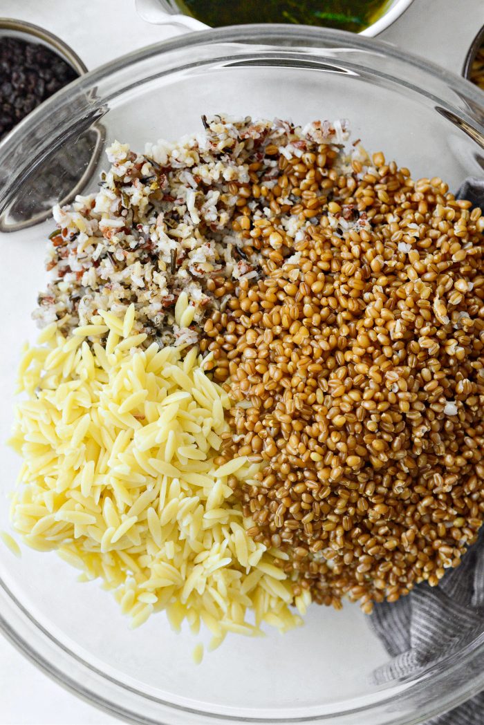 add grains and pasta to a large bowl