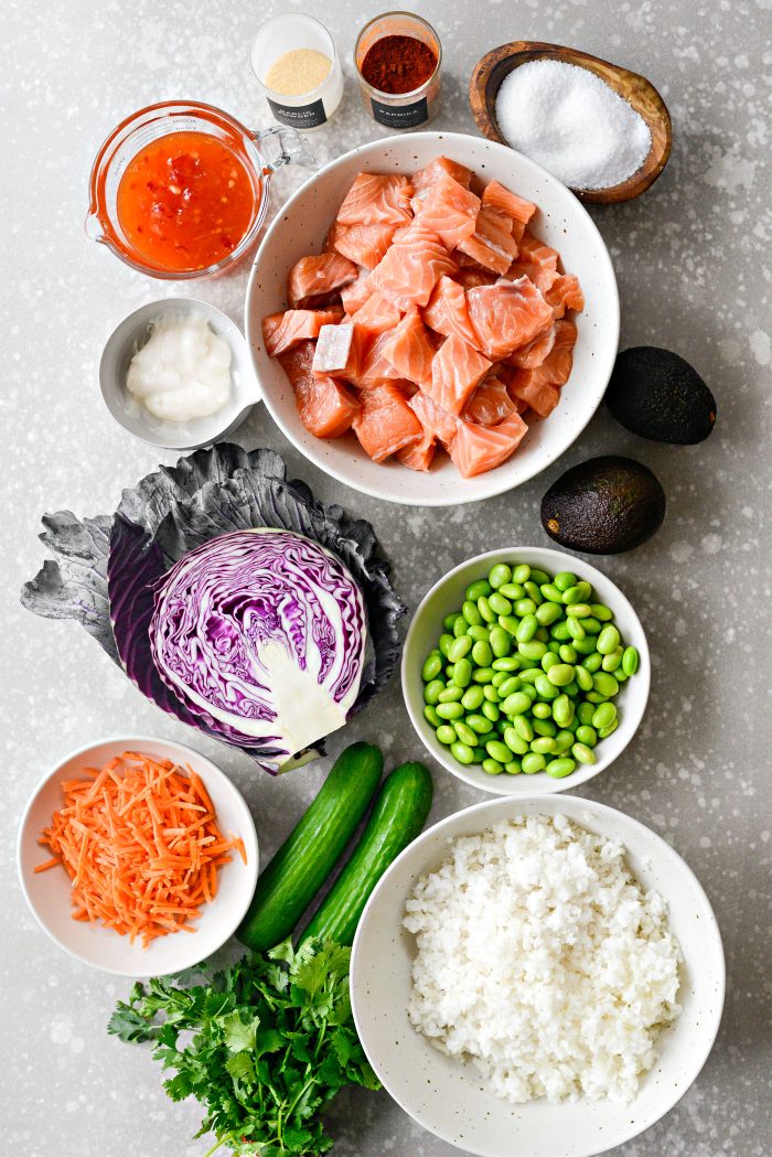 ingredients for Bang Bang Salmon Bowls