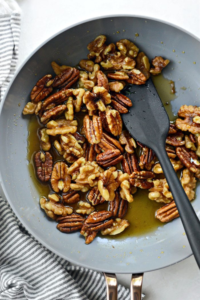 heat walnuts and pecans in maple syrup and salt