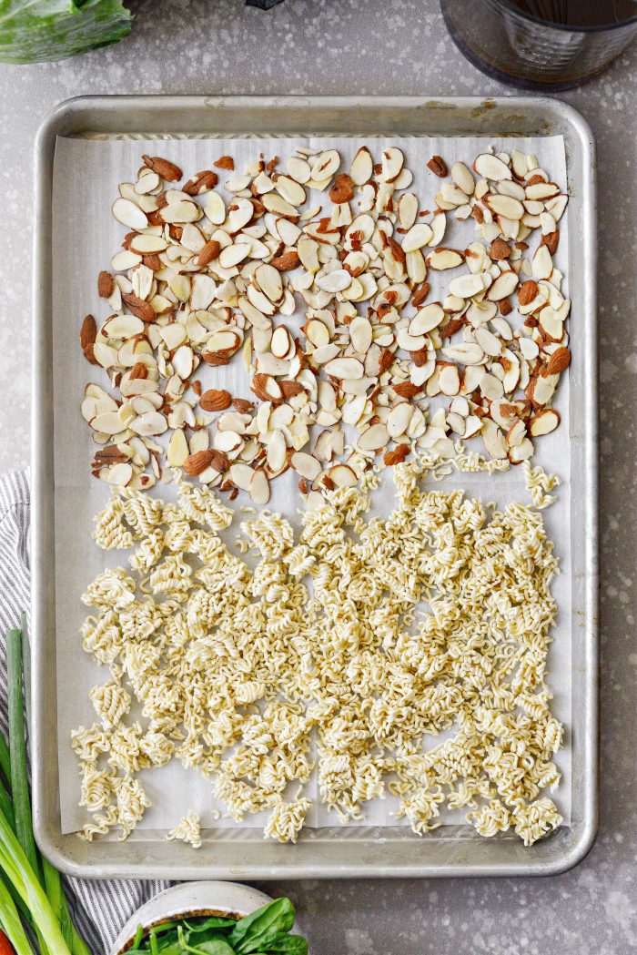 add nuts and ramen to lined rimmed baking sheet