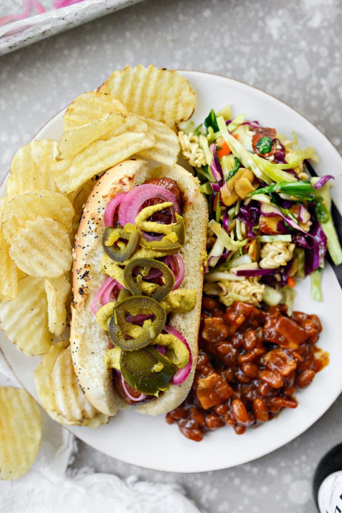 Grilled BBQ Sauce Chicken Brats with sides