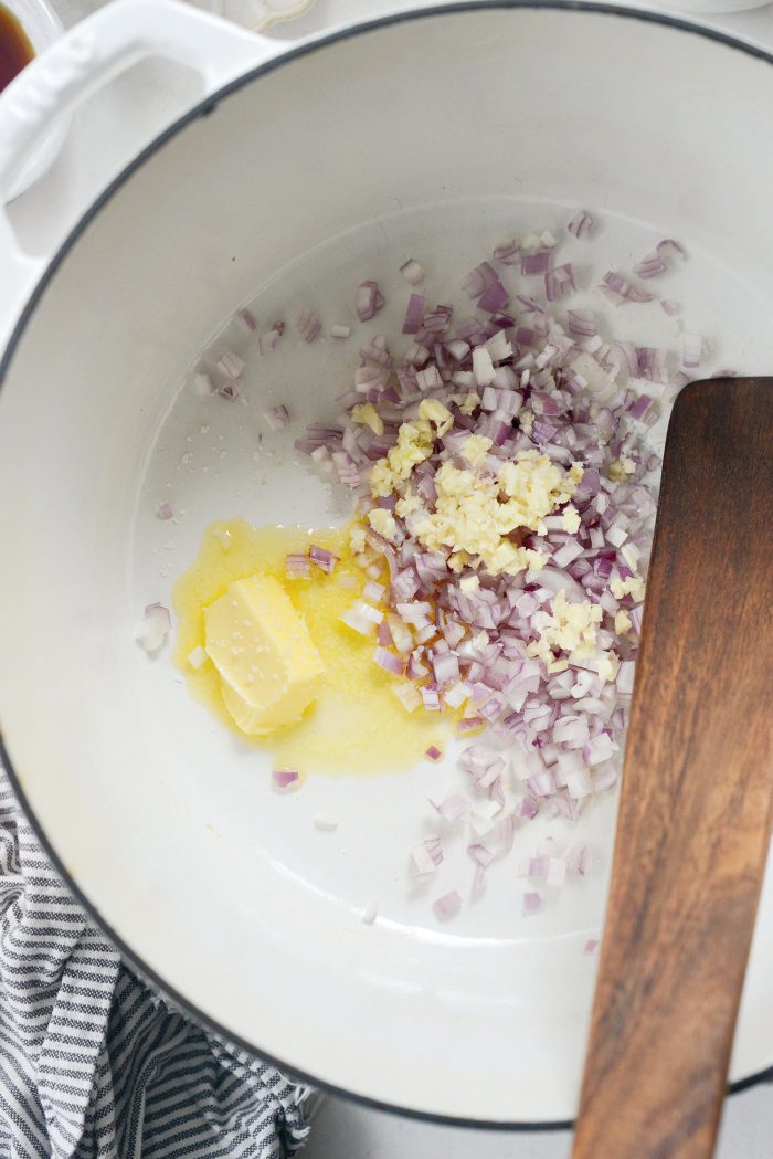 butter, shallot and garlic in pan