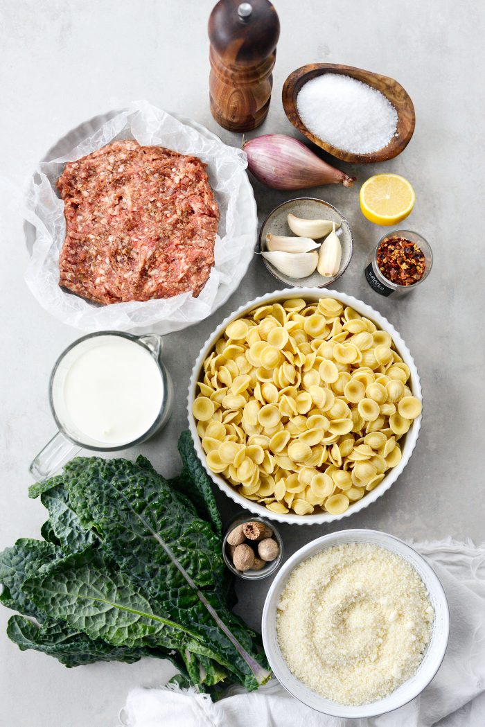 ingredients for Parmesan Orecchiette with Sausage and Kale