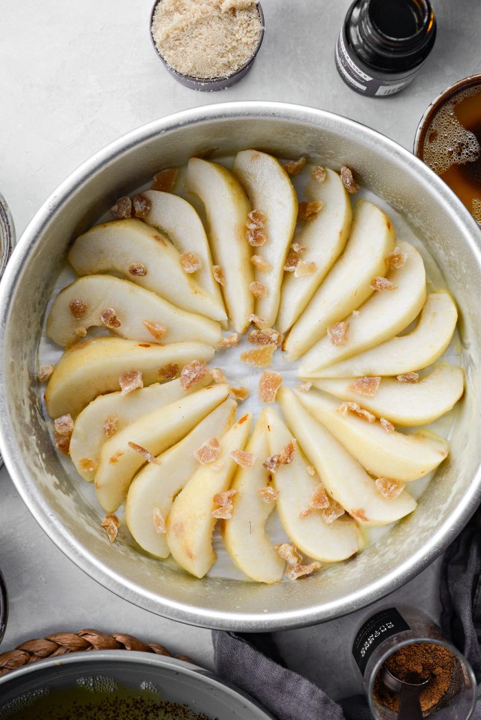 arrange pears and top with candied ginger