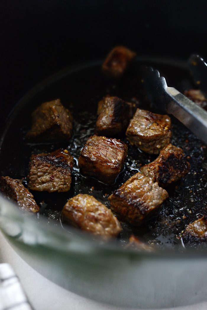 seared beef in pot