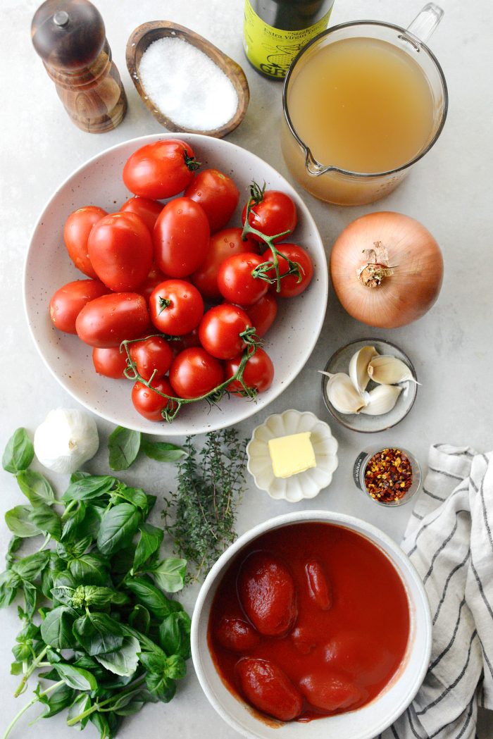 ingredients for Roasted Garlic Tomato Basil Soup