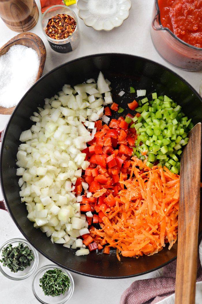 to fat in pan add the onion, pepper, celery and carrot