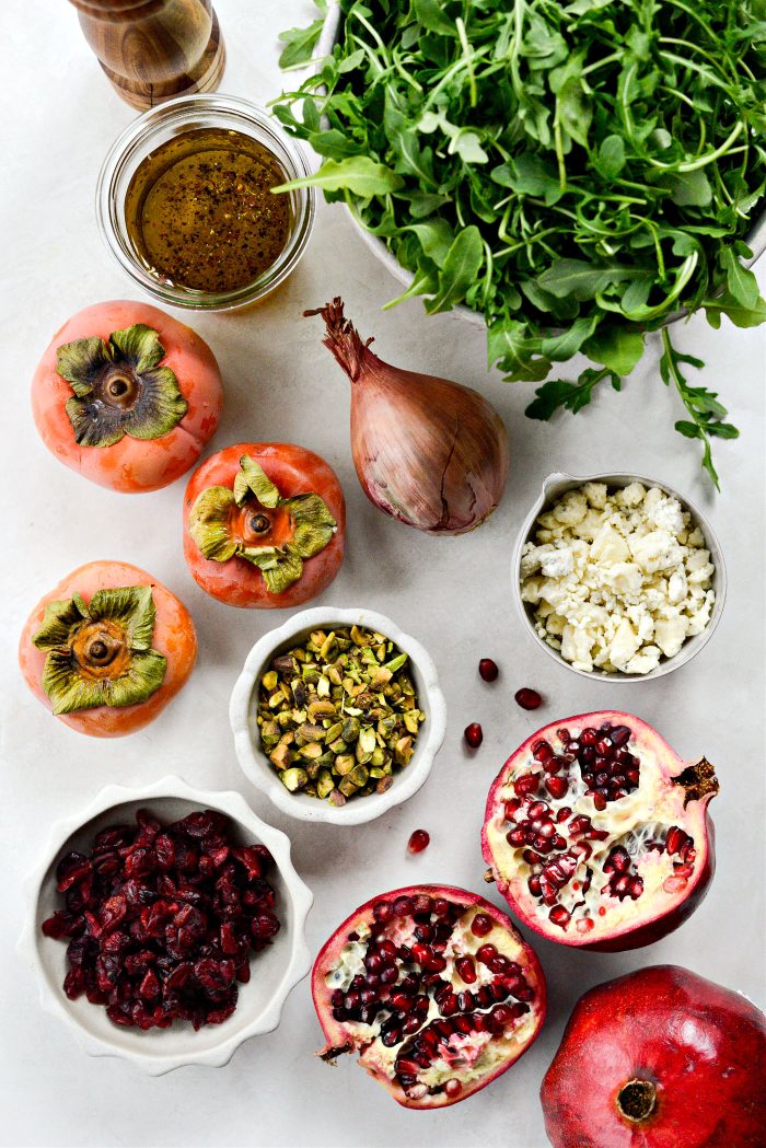 Ingredients for Persimmon and Pomegranate Arugula Salad