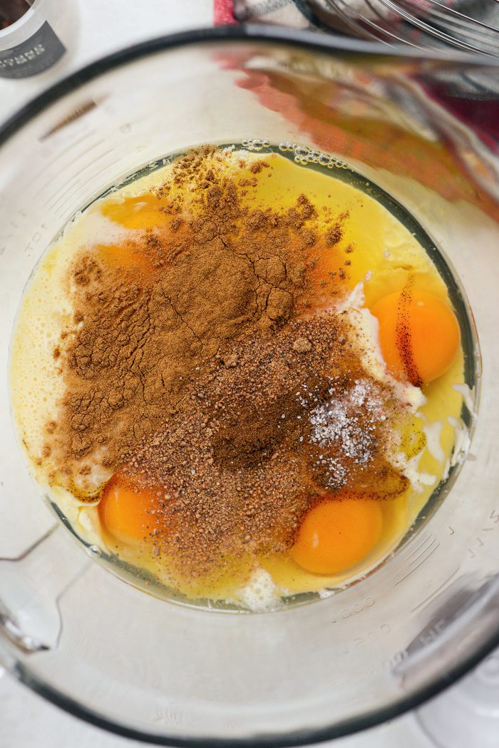 in a bowl, combine eggs, eggnog, sugar, vanilla paste, spices and salt