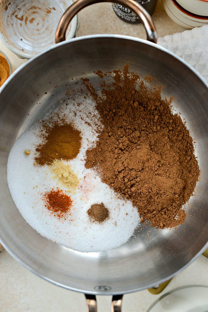 sugar, cocoa powder and spices in pan