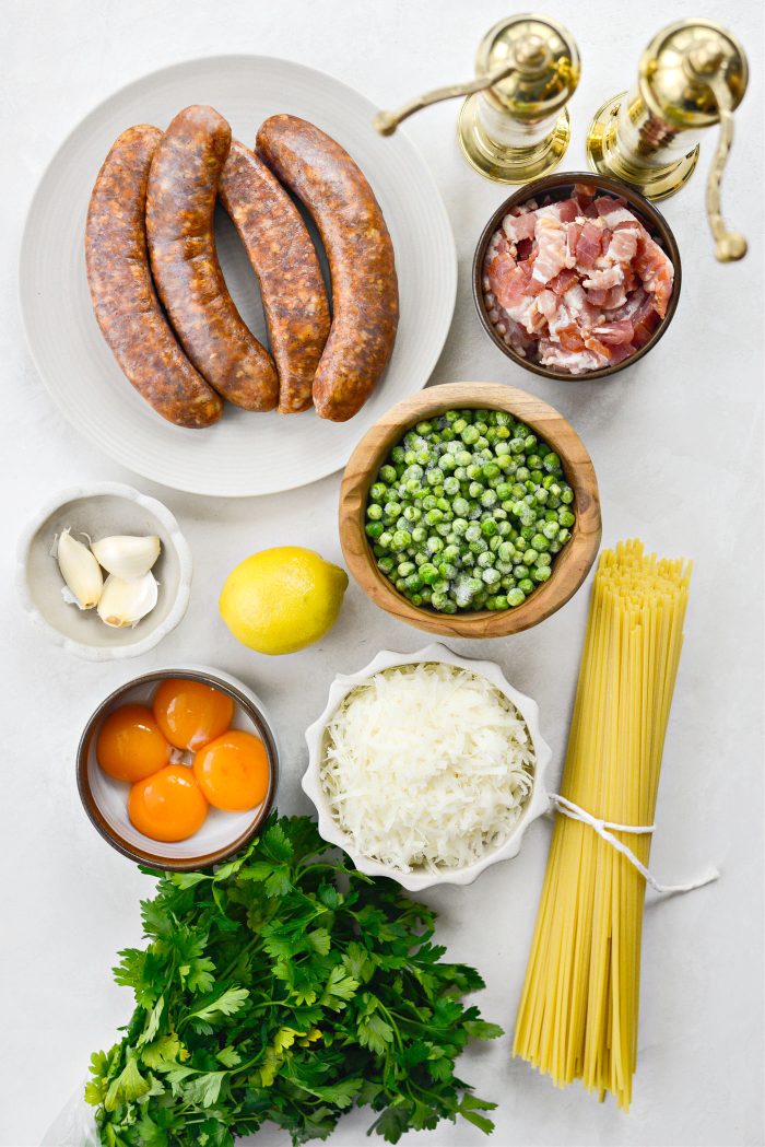 ingredients for Linguine alla Carbonara with Italian Sausage