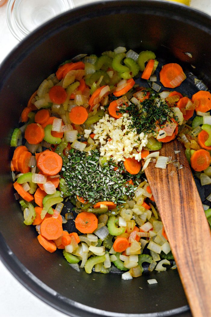 once veggies are soft-ish add in garlic, rosemary and thyme